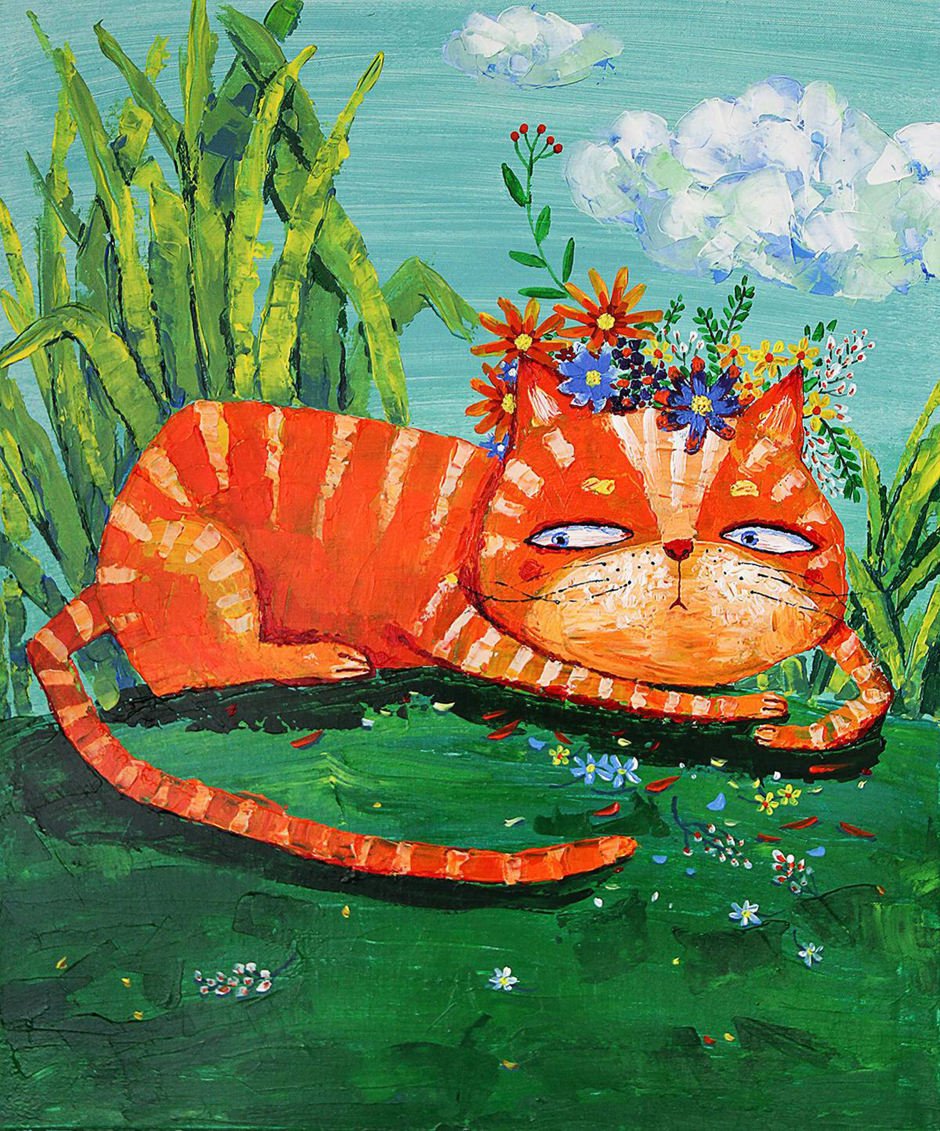 草地上的猫_布面丙烯_油画_宝甄网