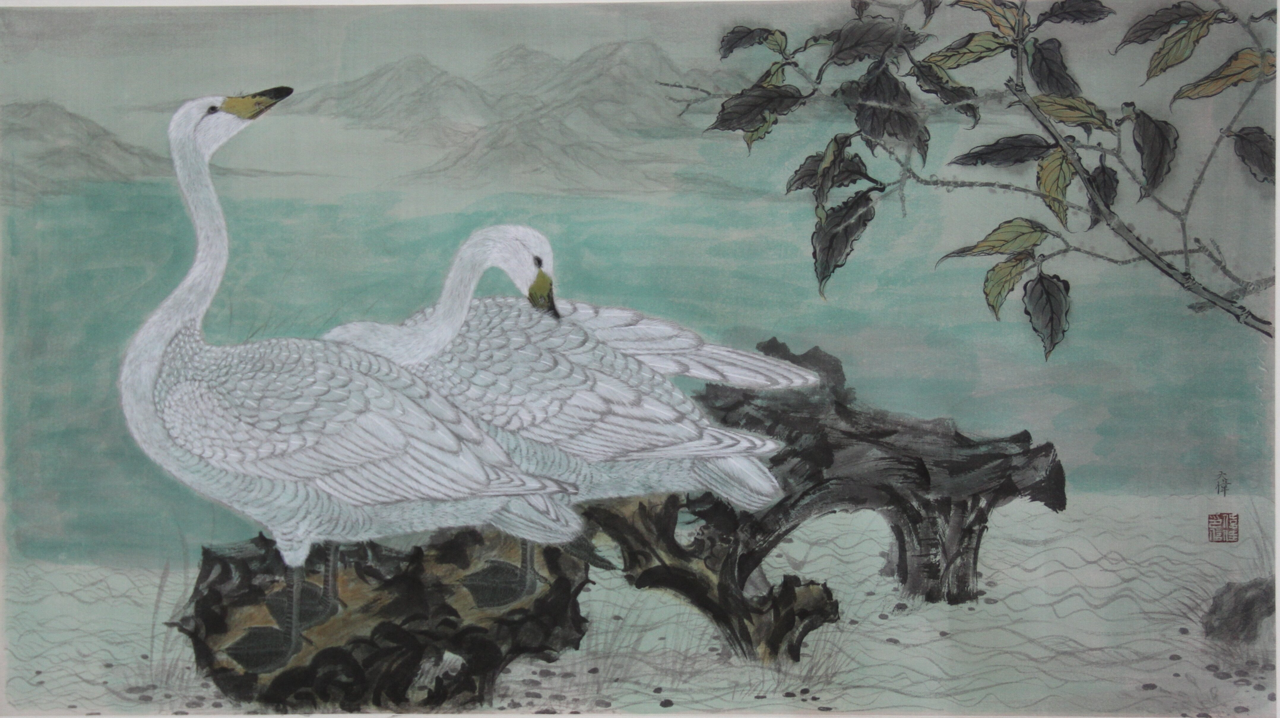 白天鹅_绢本设色_国画_宝甄网