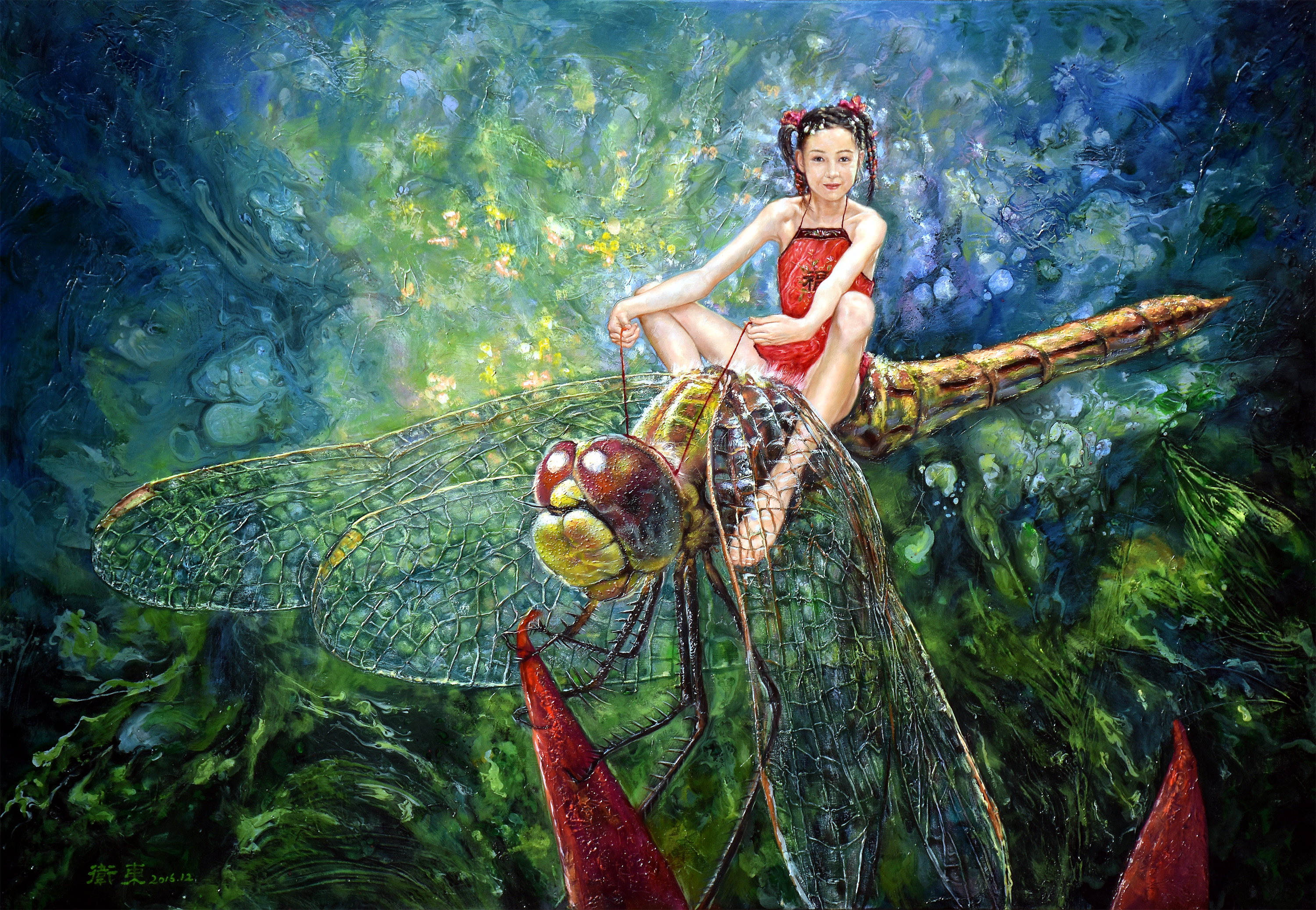福娃驾蜻蜓_布面油画_油画_宝甄网
