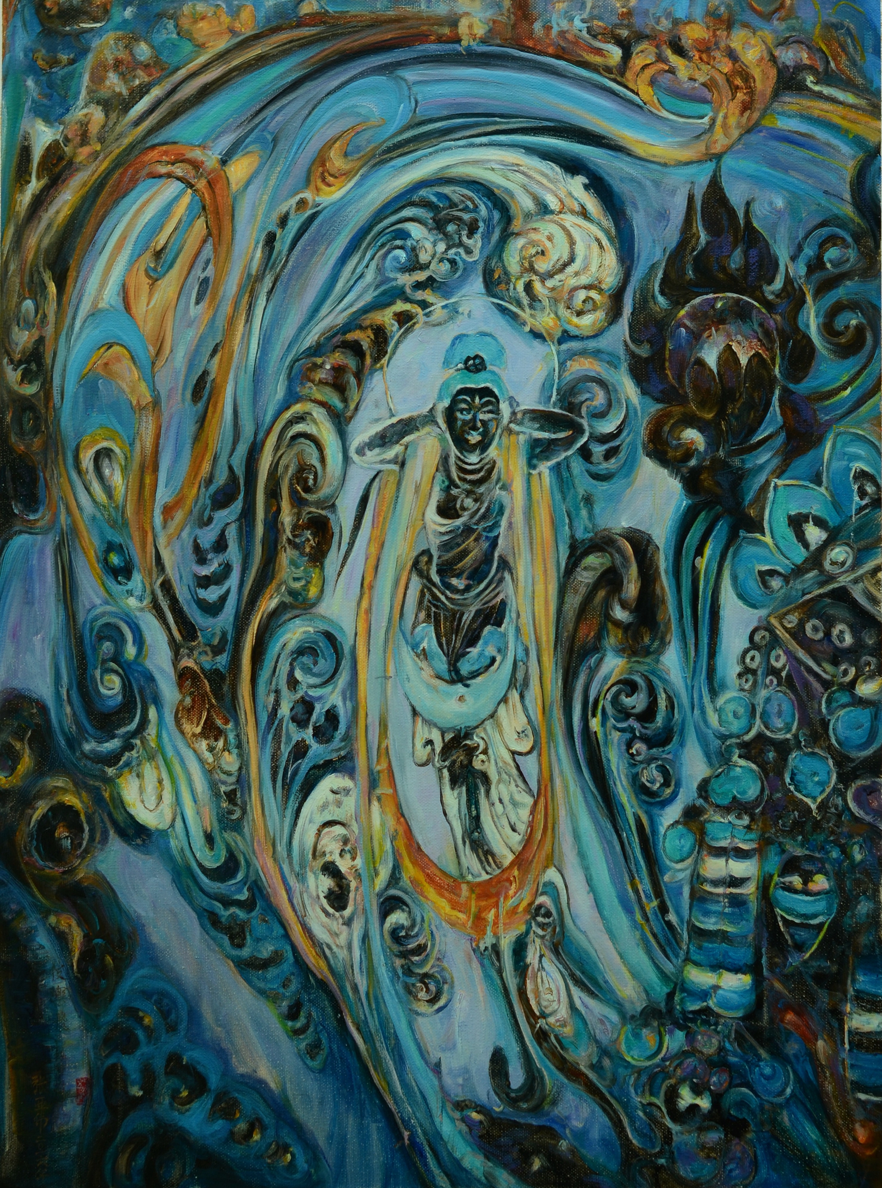 敦煌榆林15窟——伎乐飞_布面油画_油画_宝甄网